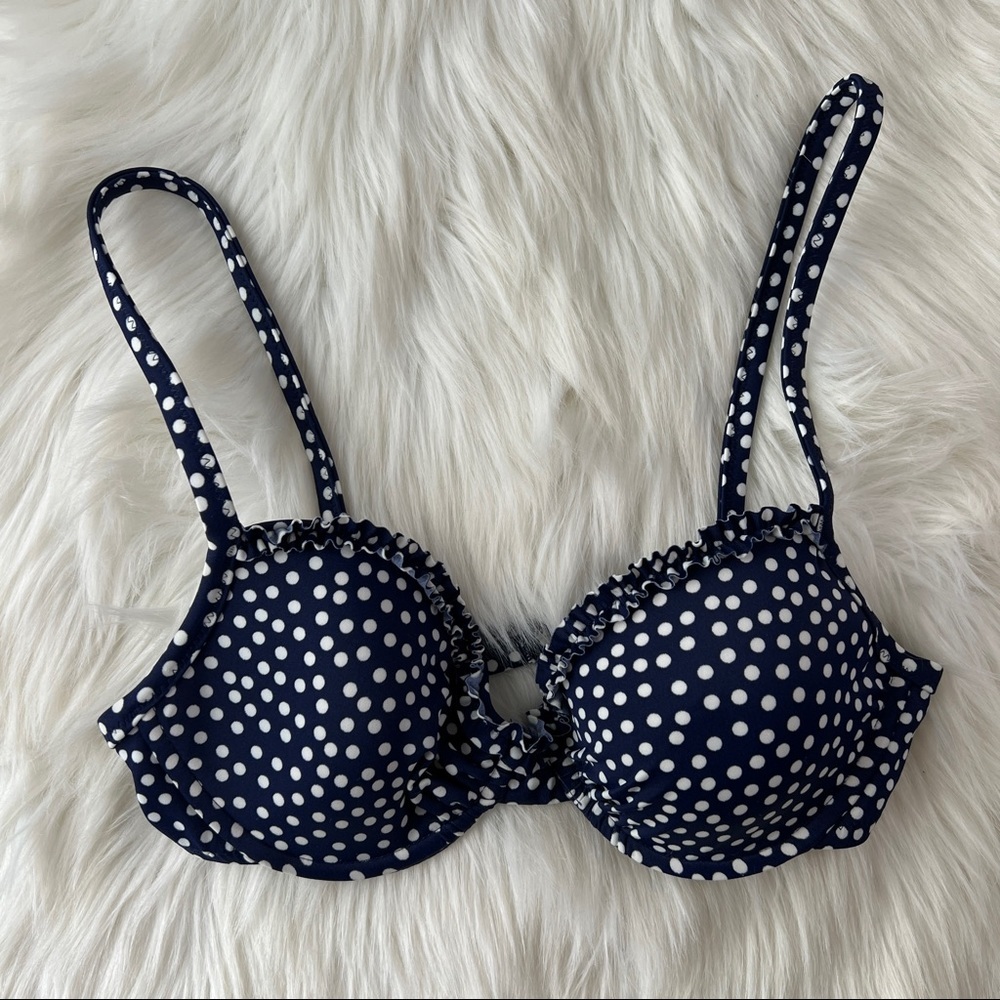 J. Crew Ruffle Underwire Bikini Top Halter Navy White Polka Dot Size 8